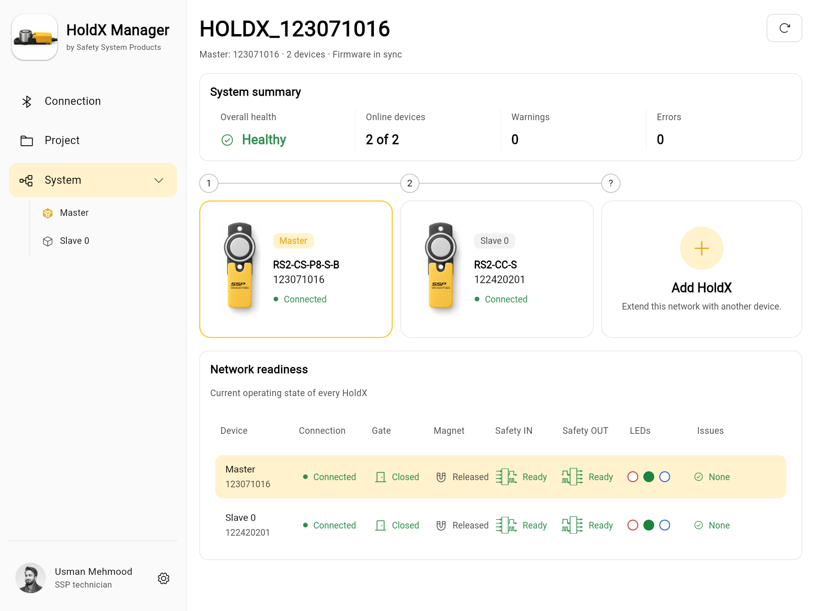 HoldX Manager Systemansicht mit Gerätestatus und verbundenem HoldX Netzwerk